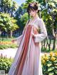 A woman in a long dress standing in a park.