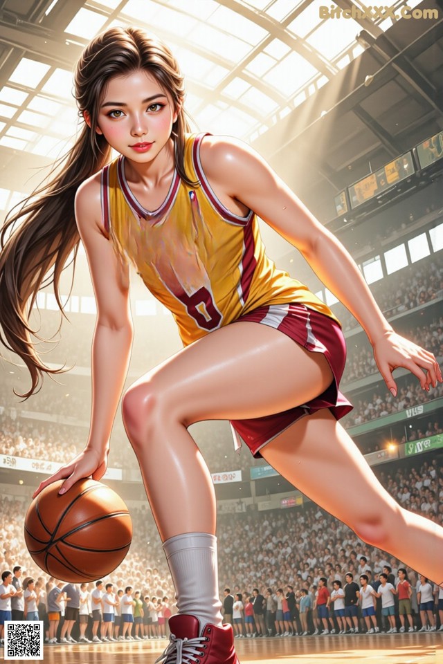 A woman in a Lakers uniform holding a basketball in front of a crowd.