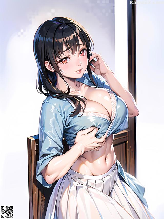A woman in a blue shirt and white skirt sitting on a chair.