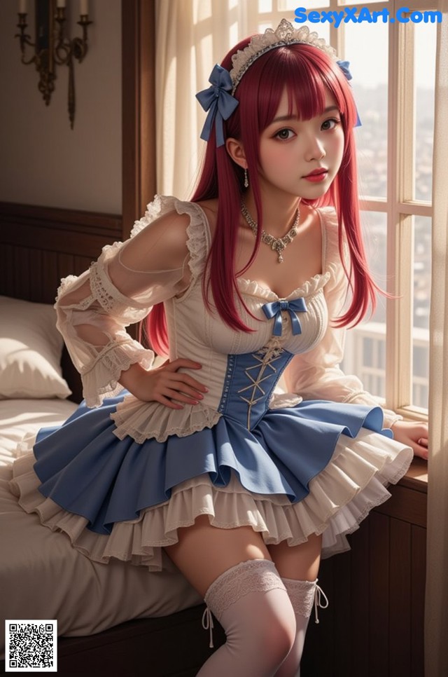 A woman in a blue and white dress sitting on a bed.