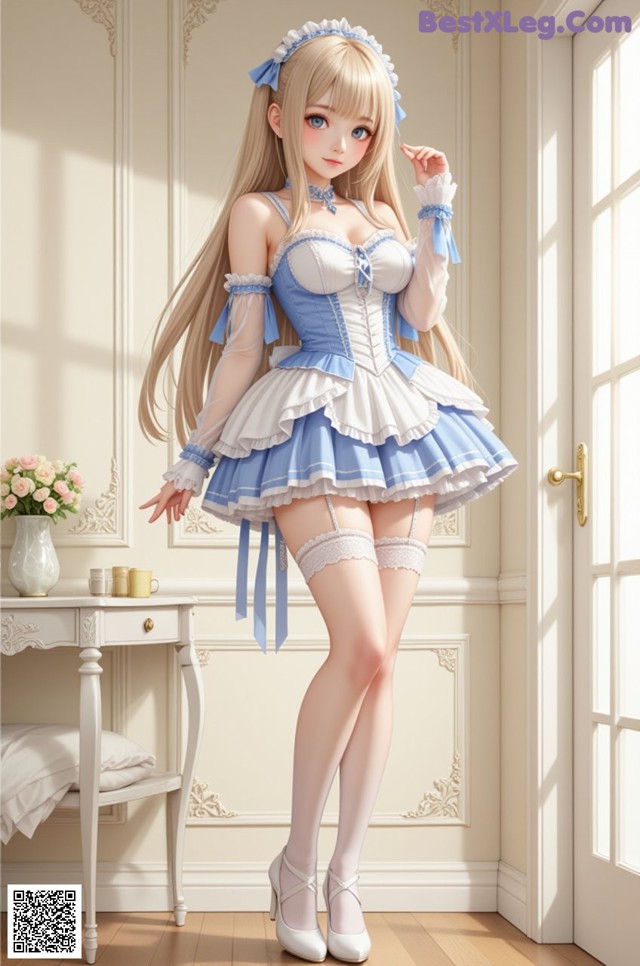 A woman in a blue and white dress is posing for a picture.