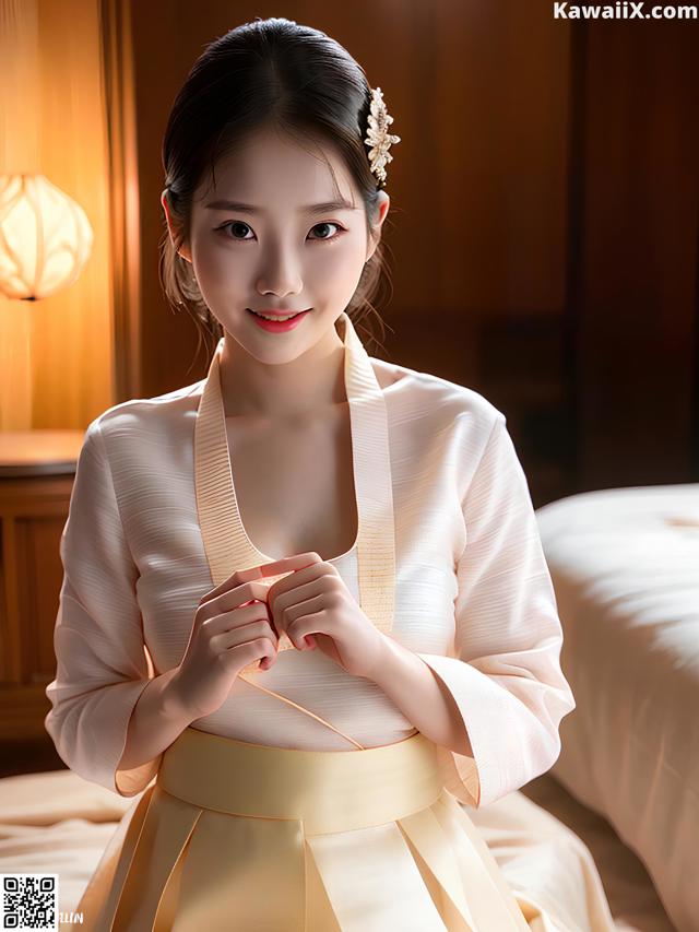 A woman in a white dress sitting on a bed.