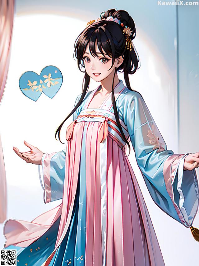 A woman in a blue and pink dress holding a heart.