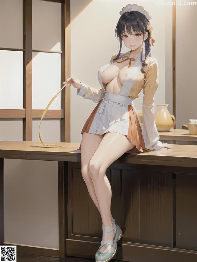 A woman in a maid outfit is sitting on a table.